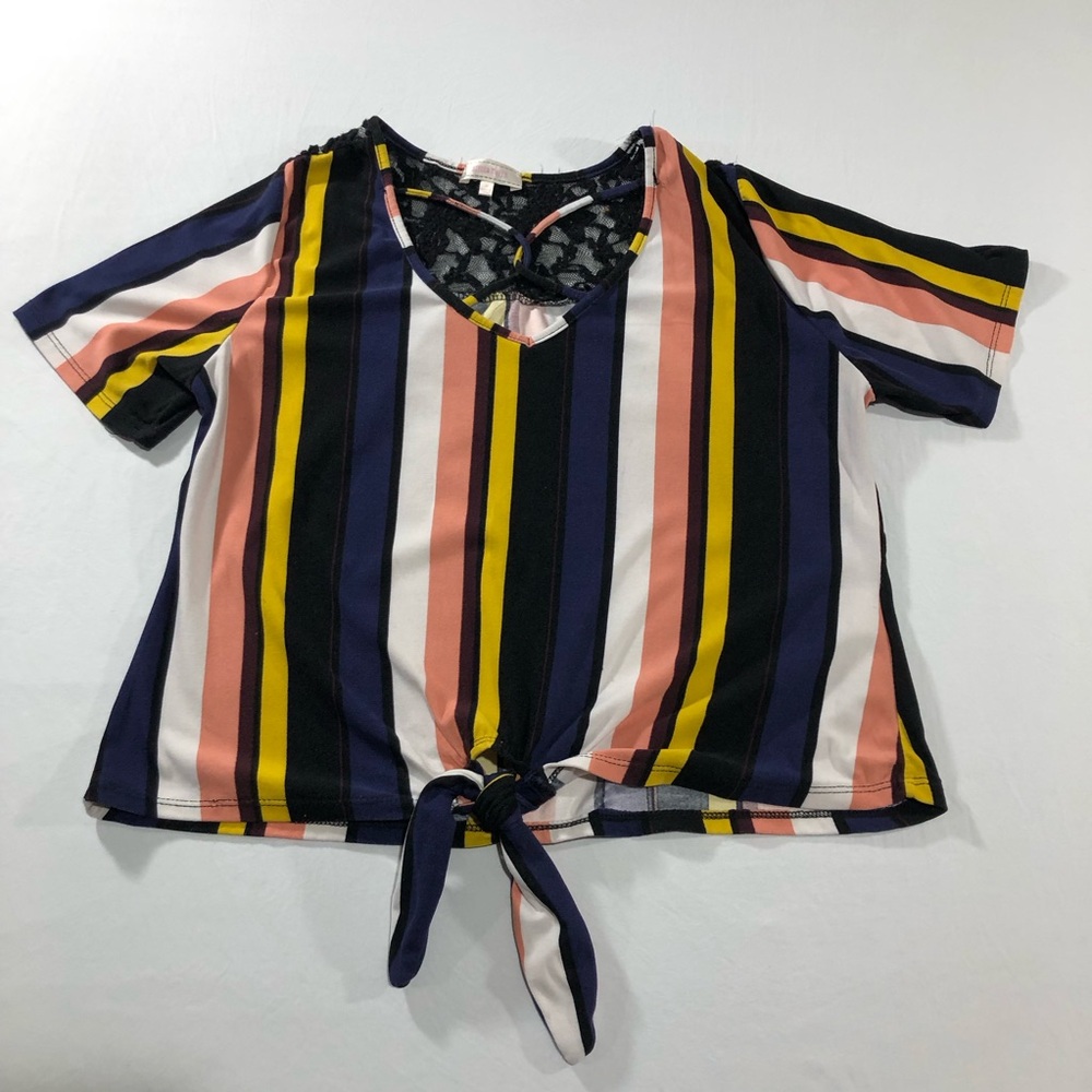 Stella Tweed Women’s Striped Multi-Color Tie-Front Top Size Medium